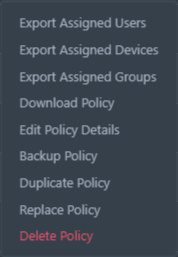 Screenshot of the Actions menu for each policy