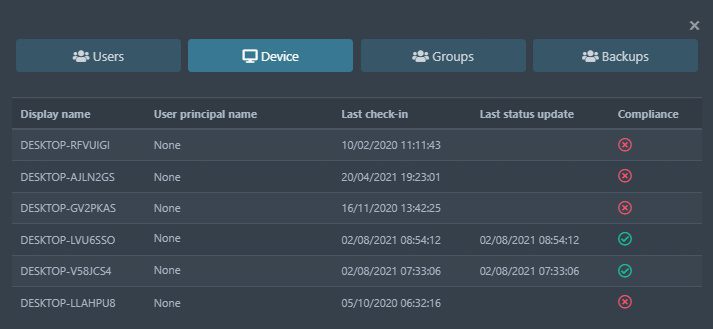 Screenshot of the Devices assigned to a policy