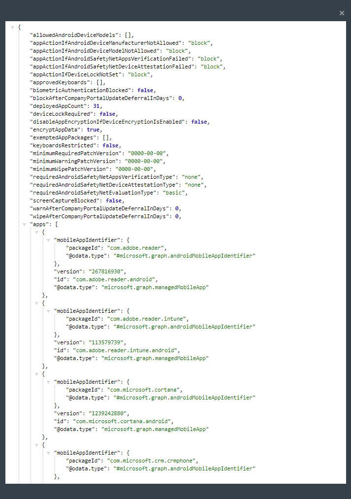Screenshot of the raw JSON for a policy.